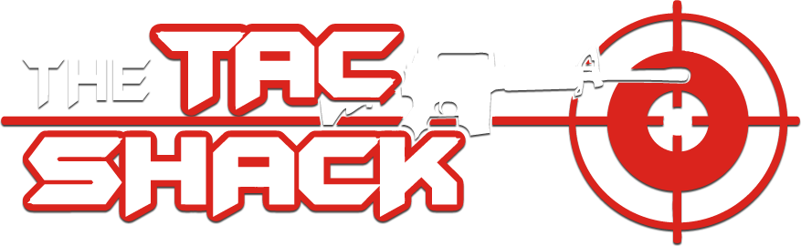 Tac Shack Logo white ar15 gun and red target